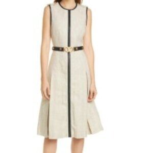TORY BURCH Leather Trim Linen Midi Dress In New Ivory/ Safari Heavy Linen